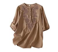 Ocio Primavera Verano Retro Diseño Suelto Sentido Bordado Cuello Redondo Delgado Algodón Camiseta Top Mujer Pantalones de Trabajo Corto, caqui, L