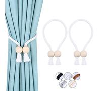 OCIOLI Paquete de 2 alzapaños magnéticos fuertes para cortinas blancos, alzapaños de cortina para exteriores, de algodón, tejido a mano, alzapaños de cortina para cortinas (blanco, bola, 2)