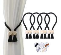 OCIOLI Paquete de 4 alzapaños magnéticos fuertes para cortinas para exteriores, de algodón, tejido a mano, alzapaños de cortina para cortinas (negro, 4)