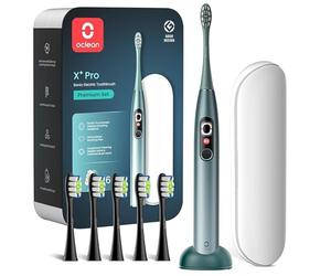 Oclean Cepillo electrico sónico X Series Pro Gift Set, Pantalla táctil inteligente, 32 Niveles de intensidad, 3 Modos, Cargador 2 en 1, 30 días, IPX7, 6 Cabezales de Cepillo, Estuche de viaje, Verde