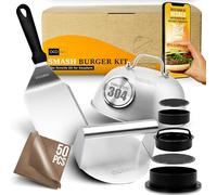 OCOBAI® Kit Smash Burger Profesional 7 Piezas-Aplastador de Acero 304 con Certificado UE, Molde Hamburguesas Caseras 3 en 1, Espátula y 50 Papeles para Hacer Smash Burgers en Casa o en tu Restaurante