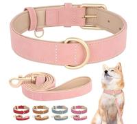 Ocorex - Conjunto de collar y correa para perro de piel sintética acolchada suave - Collar ajustable y correa para caminar a juego - para perros pequeños y medianos - Pug - Negro (rosa, L)