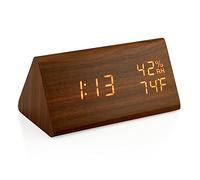 OCT17 Reloj despertador de madera, reloj digital LED inteligente para dormitorio/escritorios, actualizado con temperatura de tiempo, brillo ajustable y control de voz, visualización de humedad, color