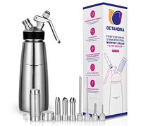 OCTANDRA Dispensador de crema batida de acero inoxidable 304 de 500 ml/1 pinta de crema batida de grado comercial con 3 puntas de decoración, 4 puntas de inyector y soporte para cargador