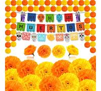 OCTERIC Juego de 110 piezas de decoración del Día de los Muertos, cabezas de flores artificiales de caléndula a granel con pancartas de fiesta mexicana para el Día de Muertos, Halloween, Diwali,