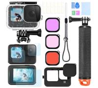 OctinPris Kit de accesorios para GoPro Hero 12, 11, 10, 9, carcasa impermeable, mango flotante subacuático, funda de silicona, tapa de lente, protectores de pantalla de vidrio templado, filtros de