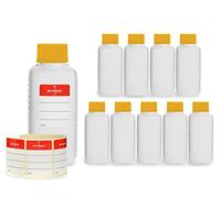 Octopus 10 x 100 ml bottiglie in plastica, bottiglie in plastica HDPE con tappi a vite in giallo, bottiglie vuote con coperchi a vite in giallo, bottiglie quadre con 10 etichette compilabili incluse