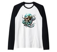 Octopus Graphic Halloween Sea Creature Horror Kraken Skull Camiseta Manga Raglan