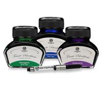 Octopus Juego de tintas Moosgrün, Ultramarinblau, Aubergine, 3x30 ml tintas para pluma estilográfica en tarro con convertidor para rellenar; tinta para pluma estilográfica y plumilla