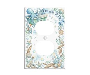 Octopus - Placa de pared dúplex para baño, diseño de estrella de mar náutica costera de plástico azul de verano, tamaño estándar, doble toma de corriente, para decoración de apartamento, hogar