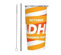 Octubre Es Mes De Concientización Sobre El TDAH Vaso Nacional Con Cinta Naranja Con Tapa Y Pajita Vaso De Acero Inoxidable Con Aislamiento Al Vacío De 20 Oz Tazas De Café Reutilizables Taza De Viaje