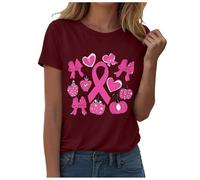 Octubre Rosa Camiseta Mujer Cinta Camiseta Cáncer de Cuello Redondo Pecho Mangas Cortas y Cuello O Corazón Rosa Cinta Verano Camisa Impreso Manga Corta Camisetas Cómodo Flexible Camiseta, Vin-D, XL