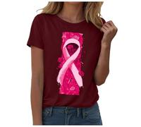 Octubre Rosa Camiseta Mujer Cinta Camiseta Cáncer de Cuello Redondo Pecho Mangas Cortas y Cuello O Corazón Rosa Cinta Verano Camisa Impreso Manga Corta Camisetas Cómodo Flexible Camiseta, Vin-C., L