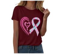 Octubre Rosa Camiseta Mujer Cinta Camiseta Cáncer de Cuello Redondo Pecho Mangas Cortas y Cuello O Corazón Rosa Cinta Verano Camisa Impreso Manga Corta Camisetas Cómodo Flexible Camiseta, Vin-B., L