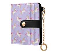 ODAWA Unicorn Rainbow Colorful Dreams - Cartera para mujer con bloqueo RFID, funda de piel sintética, bolsillo para monedas con cremallera y pestaña magnética, Unicornios blancos y flores rosas, Talla