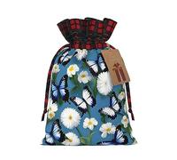 OdDdot Bolsa de cordón con estampado de mariposas azules y flores blancas, bolsa de caramelos, bolsa de regalo de vacaciones de Navidad. Para suministros de recuerdo de fiesta de vacaciones