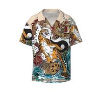 OdDdot Camisa de vestir para hombre con estampado de dragón y tigre, ajustada, manga corta, informal, para negocios, con botones, Negro, 3XL