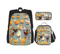 OdDdot Juego de mochila escolar, mochila de viaje, mochila ligera, con bolsa de almuerzo, estuche para lápices, bonito estampado de peces dorados, Lindo pollo caminando, Talla única, Juego de mochila