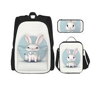 OdDdot Juego de mochila escolar, mochila de viaje, mochila ligera, con bolsa de almuerzo, estuche para lápices, impresión de imagen de ciervos, Bonito estampado de conejo blanco, Talla única, Juego de