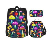 OdDdot Juego de mochila escolar, mochila de viaje, mochila ligera, con bolsa de almuerzo, estuche para lápices, estampado de piel de vaca marrón, Arte de hongos brillantes, Talla única, Juego de