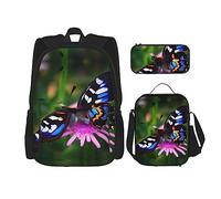 OdDdot Juego de mochila escolar, mochila de viaje, mochila ligera, con bolsa de almuerzo, estuche para lápices, estampado de piel de cocodrilo, Mariposa colorida., Talla única, Juego de mochila
