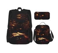 OdDdot Juego de mochila escolar, mochila de viaje, mochila ligera, con bolsa de almuerzo, estuche para lápices, estampado de piel de cocodrilo, Reservar Sala Biblioteca Misteriosa, Talla única, Juego