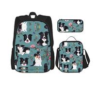 OdDdot Juego de mochila escolar, mochila de viaje, mochila ligera, con bolsa de almuerzo, estuche para lápices, estampado de piel de vaca marrón, Border Collie Florales, Talla única, Juego de mochila