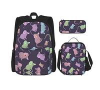 OdDdot Juego de mochila escolar, mochila de viaje, mochila ligera, con bolsa de almuerzo, estuche para lápices, hermoso estampado de mariposas, Animales-lindo ratón, Talla única, Juego de mochila