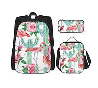 OdDdot Juego de mochila escolar, mochila de viaje, mochila ligera, con bolsa de almuerzo, estuche para lápices, estampado de elefante lindo de dibujos animados, Cactus Flamingo Rose Flowers, Talla