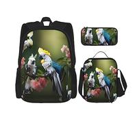OdDdot Juego de mochila escolar, mochila de viaje, mochila ligera, con bolsa de almuerzo, estuche para lápices, hermoso estampado de la Torre Eiffel de París, Hermosa flor de pájaro cacatúa, Talla