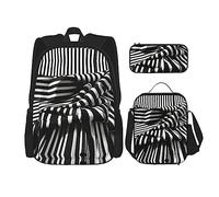 OdDdot Juego de mochila escolar, mochila de viaje, mochila ligera, con bolsa de almuerzo, estuche para lápices, impresión de notas musicales en blanco y negro, Negro Y Rayas Blancas, Talla única,