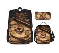 OdDdot Juego de mochila escolar, mochila de viaje, mochila ligera, con bolsa de almuerzo, estuche para lápices, estampado de piel de vaca, Brújula y mapas del viejo mundo, Talla única, Juego de