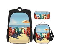 OdDdot Juego de mochila escolar, mochila de viaje, mochila ligera, con bolsa de almuerzo, estuche para lápices, hermoso estampado de la Torre Eiffel de París, Sillas de playa y paisajes, Talla única,