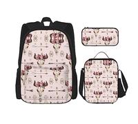 OdDdot Juego de mochila escolar, mochila de viaje, mochila ligera, con bolsa de almuerzo, estuche para lápices, impresión de madera marrón, Toro Skull Tribal, Talla única, Juego de mochila escolar