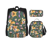 OdDdot Juego de mochila escolar, mochila de viaje, mochila ligera, con bolsa de almuerzo, estuche para lápices, estampado de piel de vaca, Corgi Flores Florales, Talla única, Juego de mochila escolar