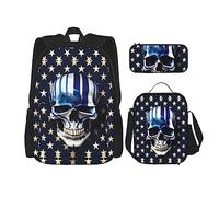 OdDdot Juego de mochila escolar, mochila de viaje, mochila ligera, con bolsa de almuerzo, estuche para lápices, estampado de piel de cocodrilo, Cráneo de estrellas rayas, Talla única, Juego de mochila