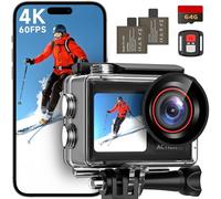 ODDV 4K 30MP Cámara de acción impermeable con 60 FPS y pantallas duales, cámara subacuática de 132 pies con tarjeta de 64 GB, estabilización EIS, zoom 5X, cámara de acción con control remoto WiFi