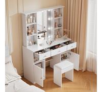 odikalo Tocador con 10 Globos de Luz LED, Espejo HD Grande, 3 Cajóns y 2 Puertas, 8 Áreas de Almacenaje,Taburete tocador Abiertas,110 * 40 * 151 cm