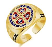 Odinstone Anillo de San Benito de Plata de Ley 925 Bañado en Oro para Hombre, Anillo Ajustable de Protección Católica, Joyería Gótica Vintage con Acabado en Rojo y Azul, Regalo Religioso para Él