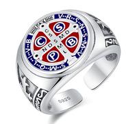 Odinstone Anillo de San Benito de Plata de Ley 925 para Hombre, Anillo Ajustable de Protección Católica, Joyería Gótica Vintage con Esmalte Rojo y Azul, Regalo Religioso para Él