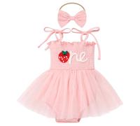 Odizli Bebé Niña Verano Sin Mangas Pelele Tutú Vestido+Diadema 1er Cumpleaños Sesión de Fotos, Fresa rosa, 12-18 meses