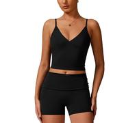 Odizli Conjunto deportivo de verano para mujer, cuello en V, top corto con sujetador + pantalones cortos de cintura alta, traje de dos piezas, Negro , XL