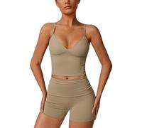 Odizli Conjunto deportivo de verano para mujer, cuello en V, top corto con sujetador + pantalones cortos de cintura alta, traje de dos piezas, caqui, XL