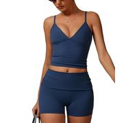 Odizli Conjunto deportivo de verano para mujer, cuello en V, top corto con sujetador + pantalones cortos de cintura alta, traje de dos piezas, azul oscuro, XL