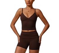 Odizli Conjunto deportivo de verano para mujer, cuello en V, top corto con sujetador + pantalones cortos de cintura alta, traje de dos piezas, marrón oscuro, XL