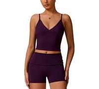 Odizli Conjunto deportivo de verano para mujer, cuello en V, top corto con sujetador + pantalones cortos de cintura alta, traje de dos piezas, morado, XL