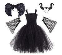 Odizli Disfraz de Halloween para niños y niñas, vestido de tul maléfica, vestido de fiesta, alas de ángel, cuernos, carnaval, fiesta, cosplay, Negro, 11 años
