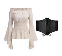 Odizli Ropa medieval para mujer, gótica, steampunk, manga larga, corsé con hombros descubiertos, top + cinturón, disfraz renacentista victoriano, XL