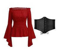 Odizli Ropa medieval para mujer, gótica, steampunk, manga larga, corsé con hombros descubiertos, top + cinturón, disfraz renacentista victoriano, S