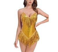 Odizli Traje de verano para mujer, con flecos, lentejuelas, con flecos, para conciertos, fiestas, clubes, festivales, dorado, XL
